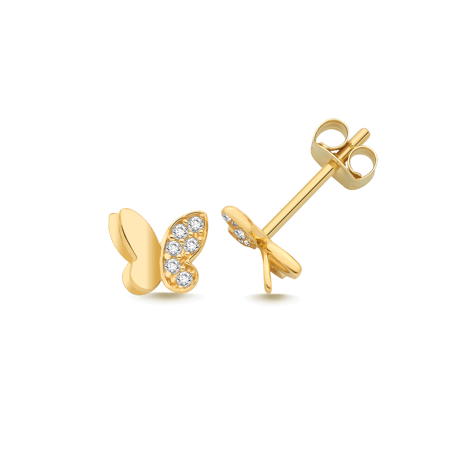 9k Yellow Gold Half CZ Stud Earrings - Butterfly Design - Image 1