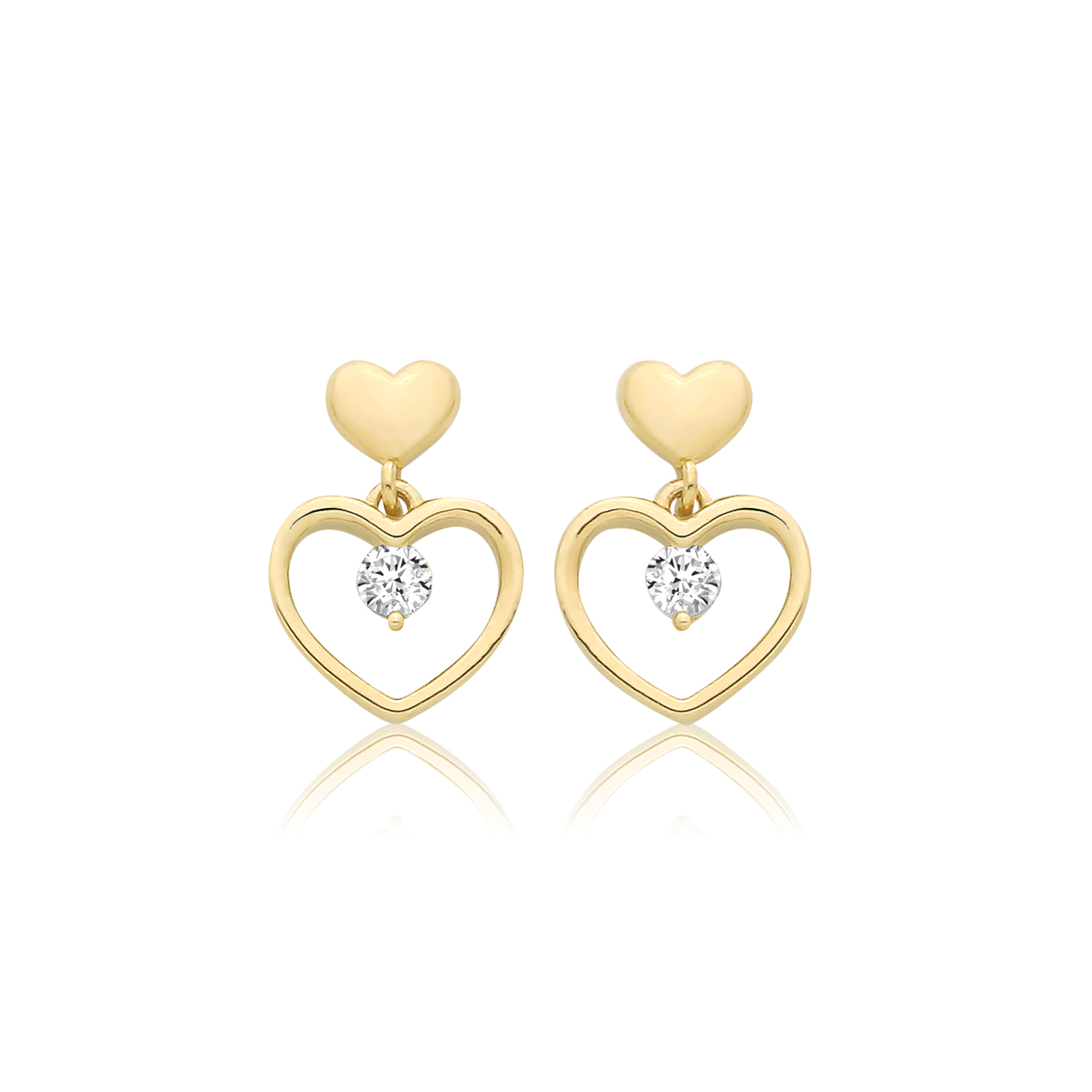 9k Yellow Gold Heart Drop Stud Earrings - Image 1