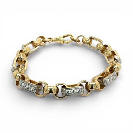 9k Yellow Gold Gypsy Link Belcher Bracelet Patterned and Stone Set Links - 10 mm