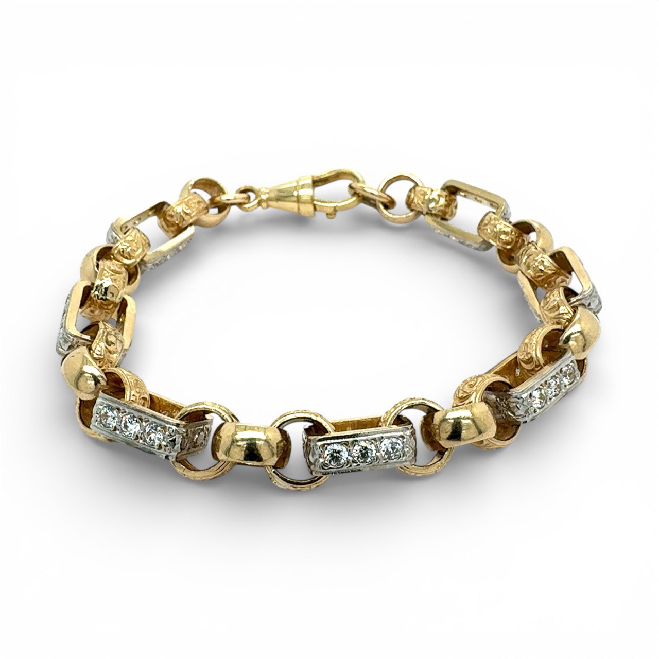 5792184134112316708 9k Yellow Gold Gypsy Link Belcher Bracelet Patterned and Stone Set Links - 10 mm - Image 1