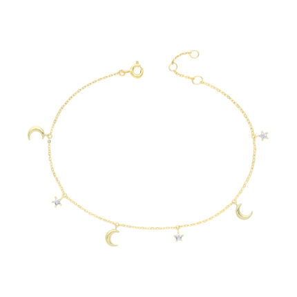 9k Yellow Gold Ladies Charm Moon and Stars Bracelet