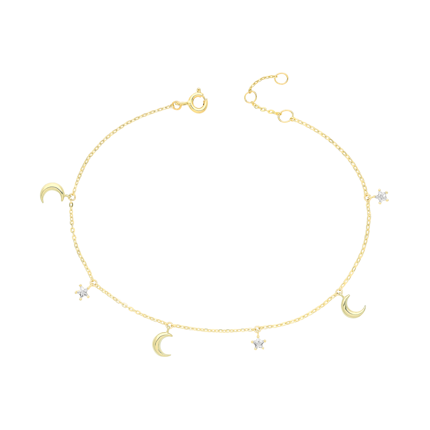 9k Yellow Gold Ladies Charm Moon and Stars Bracelet - Image 1