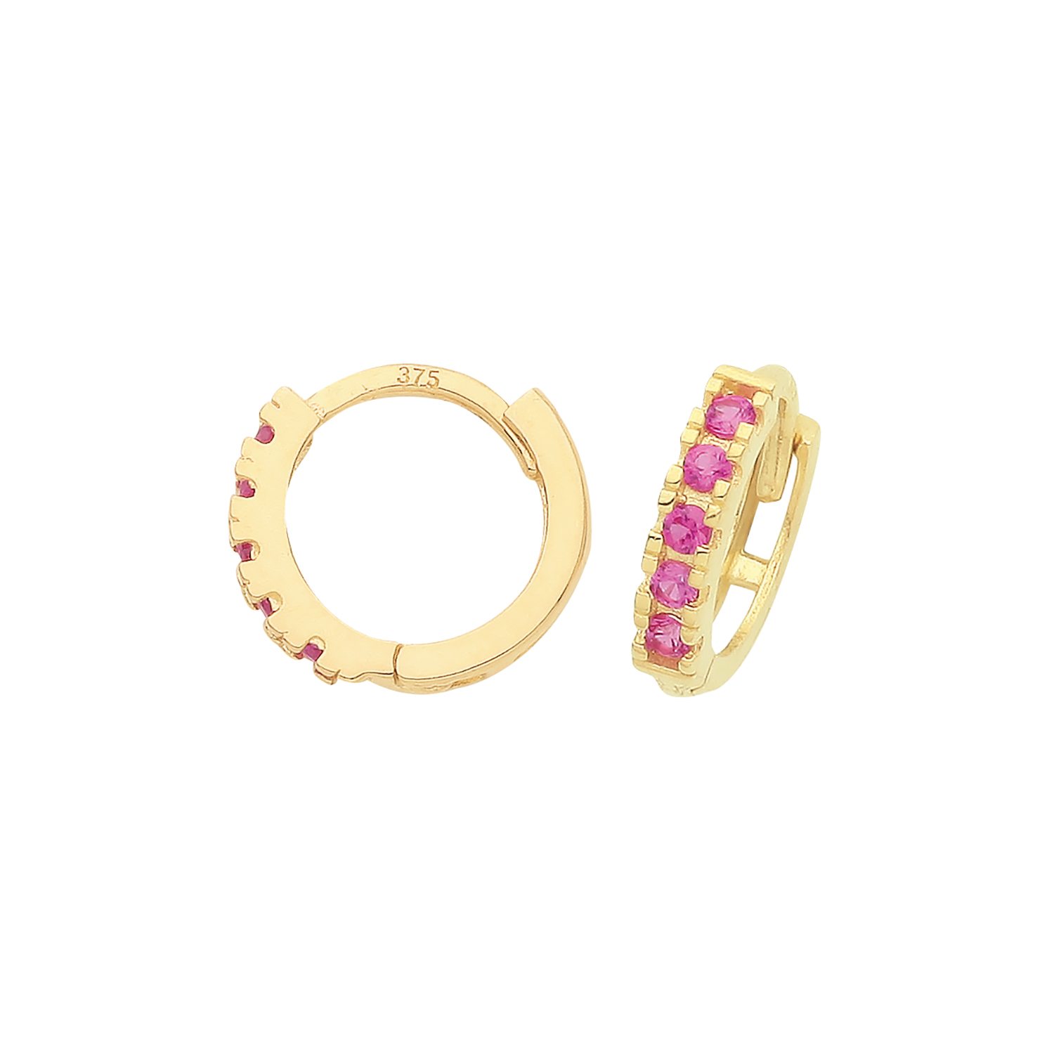 9k Yellow Gold Ruby CZ Huggies Earrings - Image 1