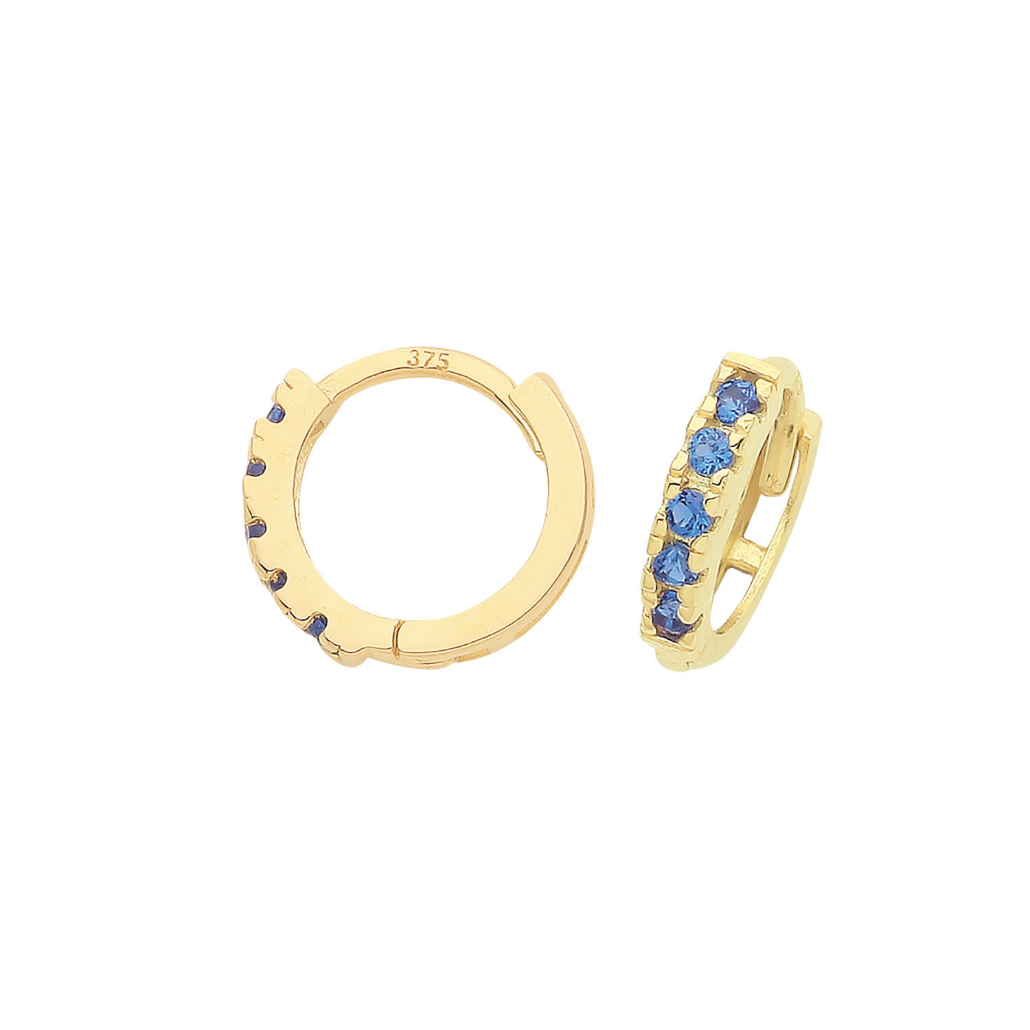 9k Yellow Gold Sapphire Blue CZ Huggies Earrings - Image 1