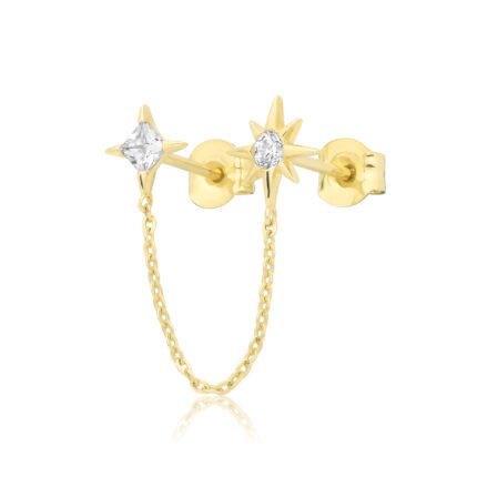 9k Yellow Gold CZ Stars Connecting Chain Stud Earrings