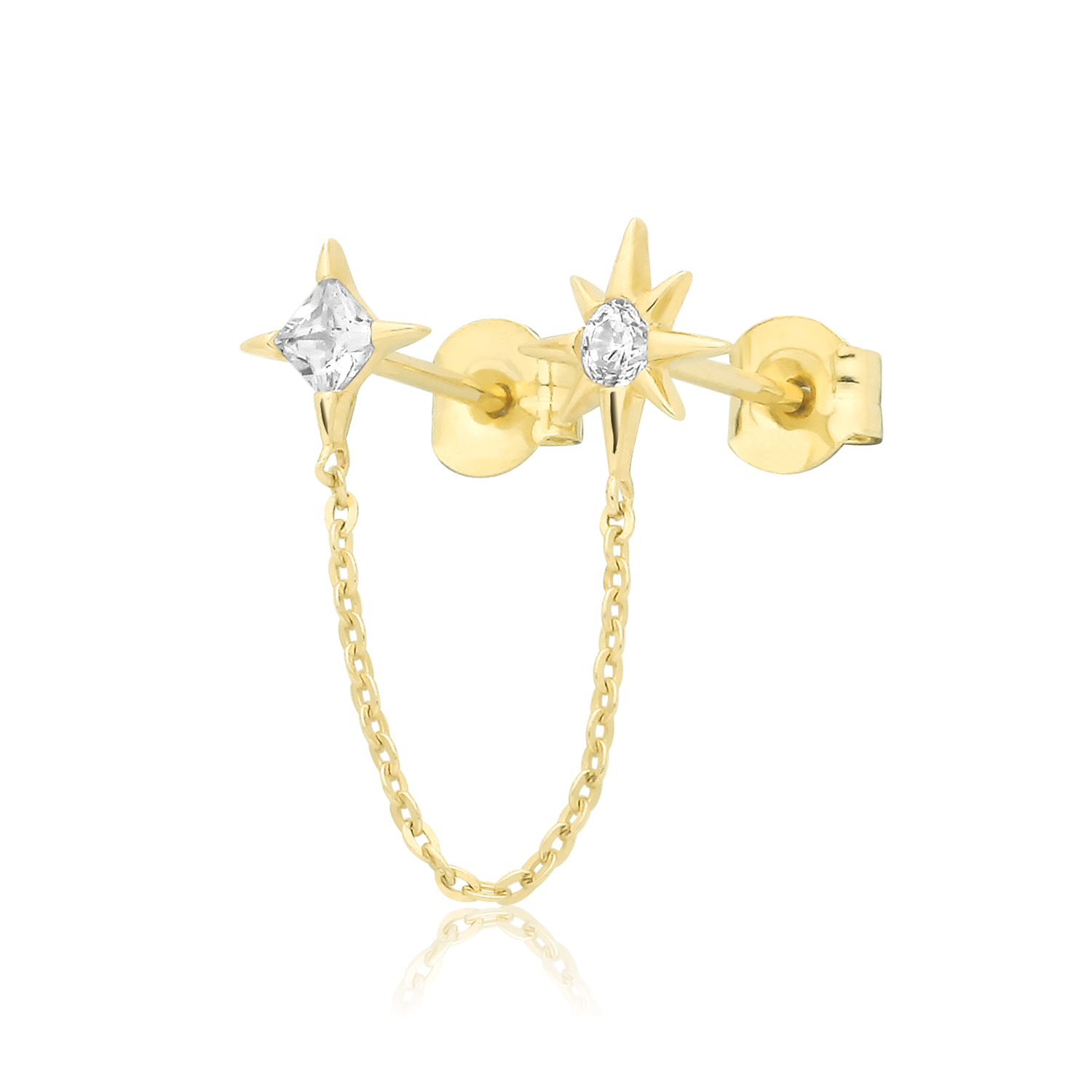 9k Yellow Gold CZ Stars Connecting Chain Stud Earrings - Image 1