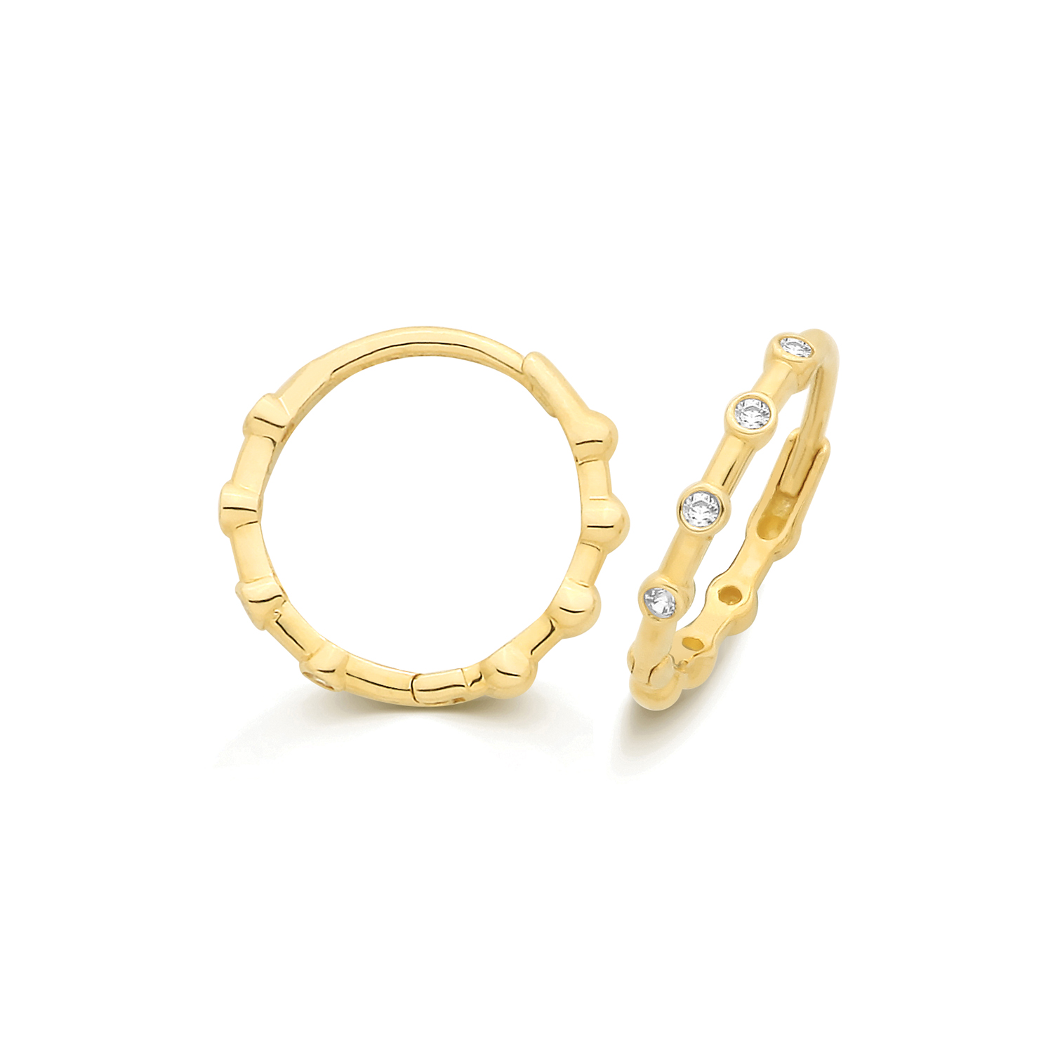 9k Yellow Gold Beaded Hinged CZ Huggies Earrings - Image 1
