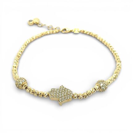 14k Yellow Gold Diamond Cut Patterned Hamza Charm Ball Bracelet