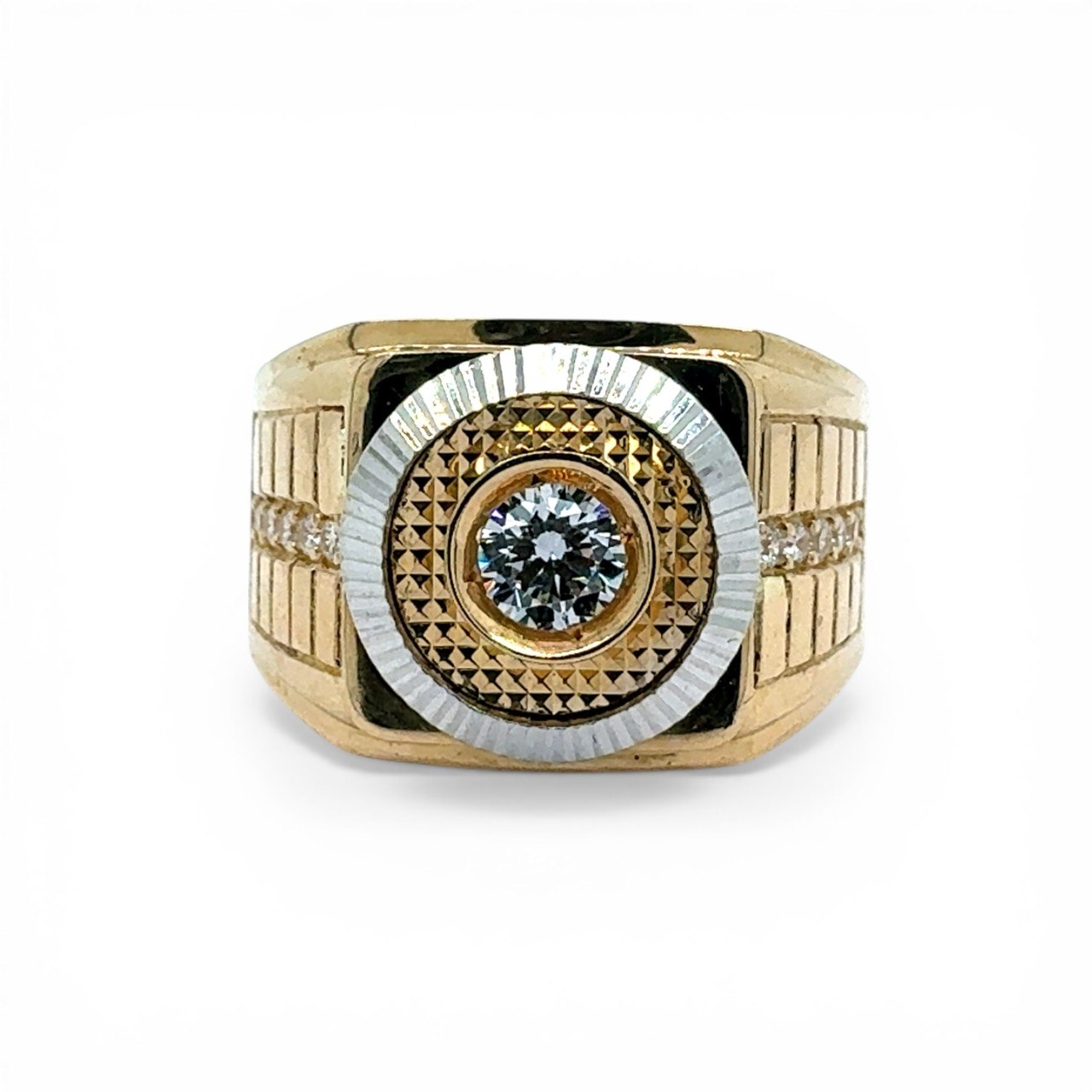 14k Yellow Gold Patterned Rolex Square Cz Signet Ring - Image 1
