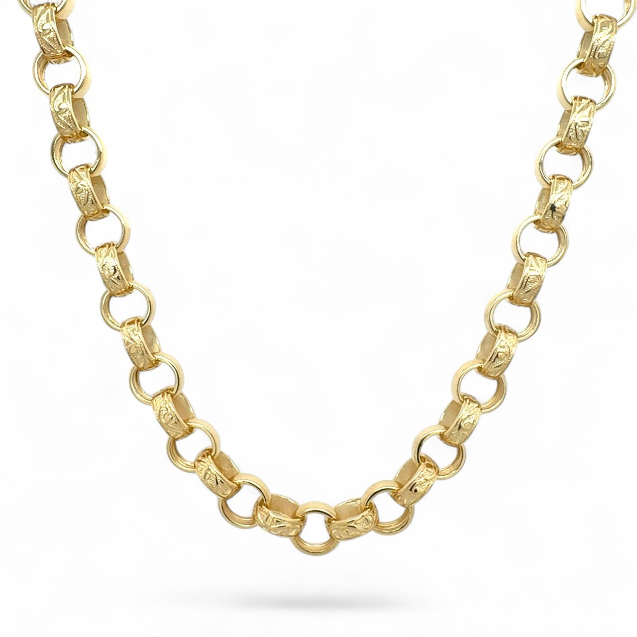 9k Yellow Gold Italain patterned and plain belcher chain. 9k Yellow Gold Italain patterned and plain belcher chain.