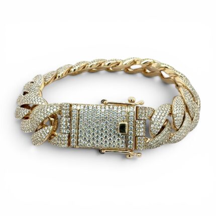 9k Yellow Gold Iced Out with Cz Stones Miami Cuban Bracelet - 14.5 mm