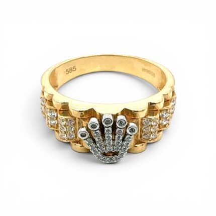 14k Yellow Gold Rolex Inspired Signet Ring With Cubic Zirconia Stones