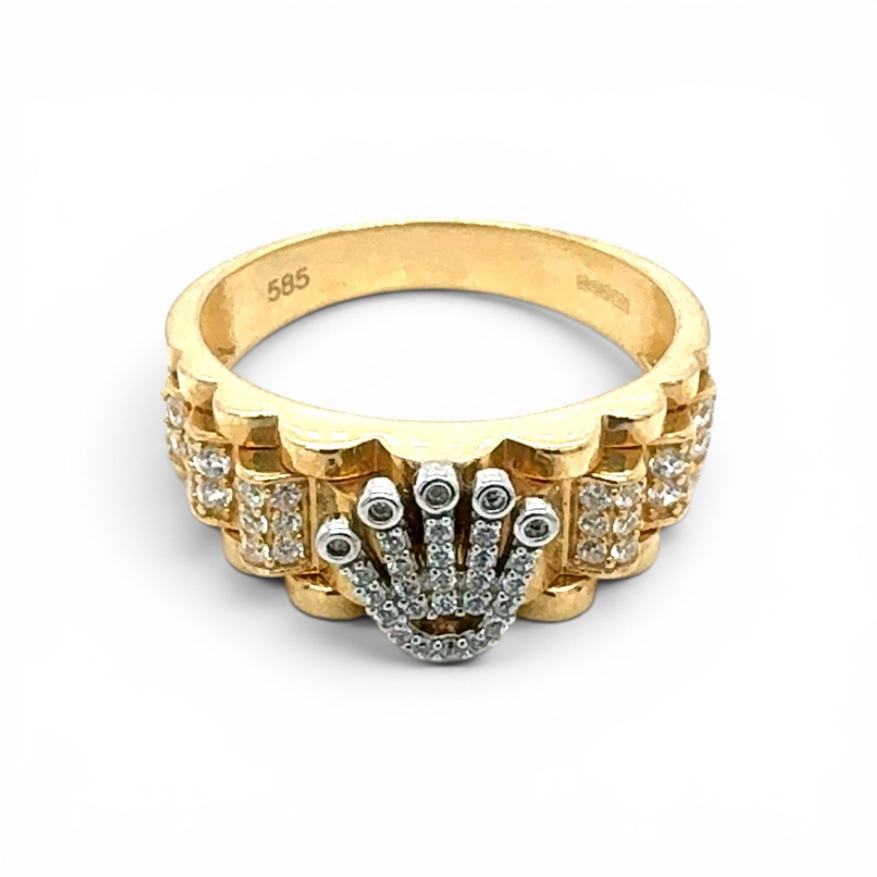14k Yellow Gold Rolex Inspired Signet Ring With Cubic Zirconia Stones - Image 1