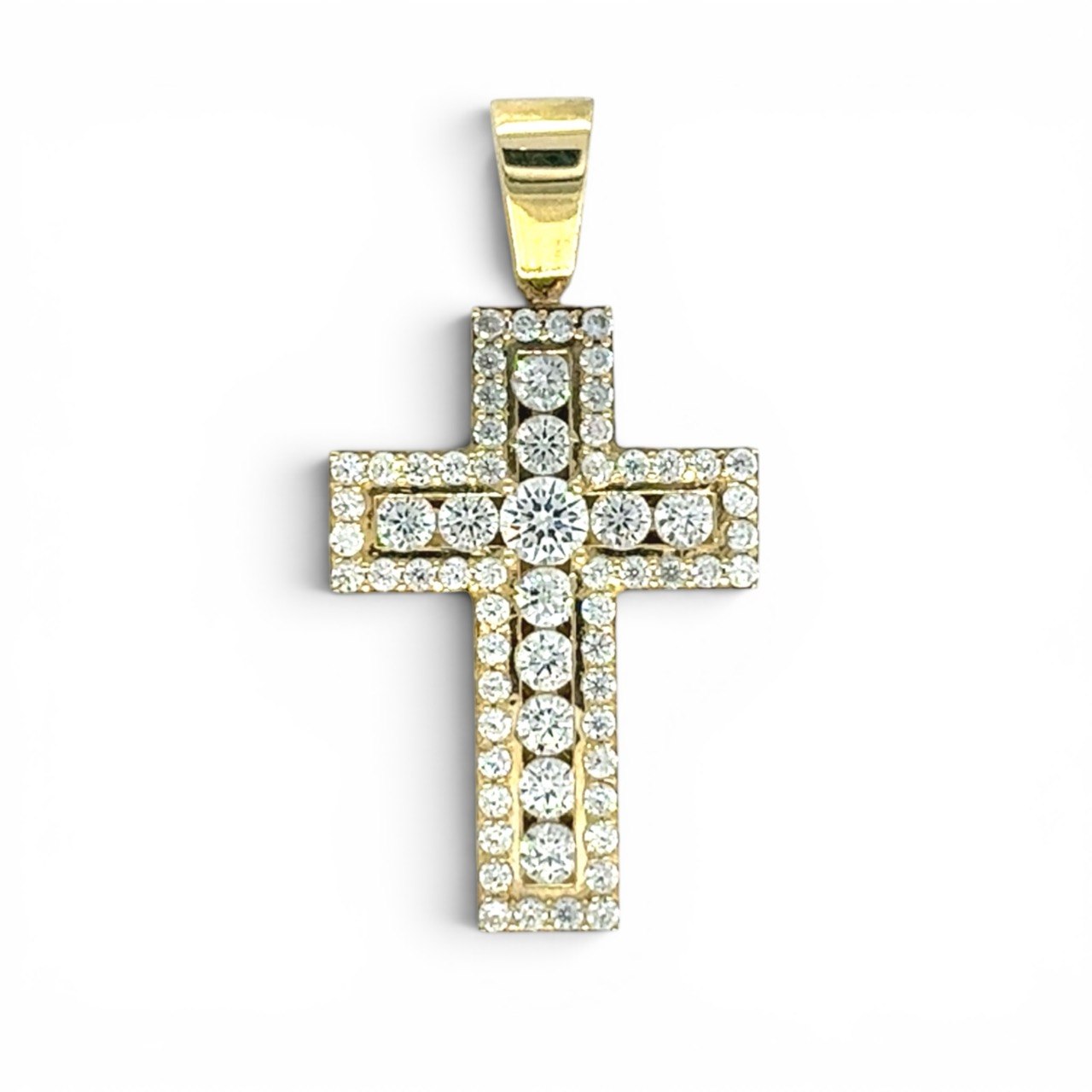 9k Yellow Gold Round and Baguette Cz Cross Pendant - Image 1