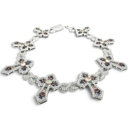 925 Sterling Silver Multi-Color Iced Out Cross and Infinity Bracelet - 24 x 7 mm