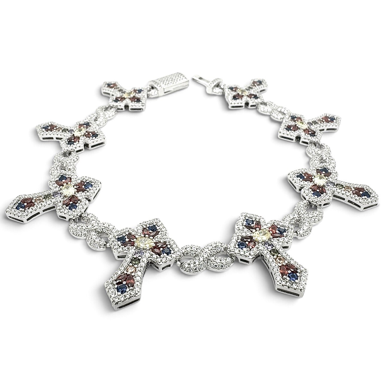 925 Sterling Silver Multi-Color Iced Out Cross and Infinity Bracelet - 24 x 7 mm - Image 1