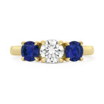 9k Yellow Gold Lab Grown Diamond and Sapphire Trilogy Set Ring - Image 3