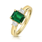 9k Yellow Gold Lab Grown Trapezoid Cut Diamonds and Emerald Trilogy Set Ring