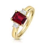 9k Yellow Gold Lab Grown Trapezoid Cut Diamonds and Ruby Trilogy Set Ring