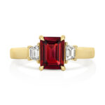 9k Yellow Gold Lab Grown Trapezoid Cut Diamonds and Ruby Trilogy Set Ring - Image 3