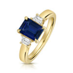9k Yellow Gold Lab Grown Trapezoid Cut Diamonds and Sapphire Trilogy Set Ring
