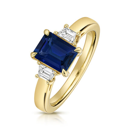 9k Yellow Gold Lab Grown Trapezoid Cut Diamonds and Sapphire Trilogy Set Ring