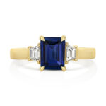 9k Yellow Gold Lab Grown Trapezoid Cut Diamonds and Sapphire Trilogy Set Ring - Image 3