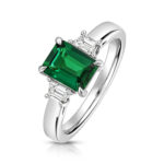 9k White Gold Lab Grown Trapezoid Cut Diamonds and Emerald Trilogy Set Ring