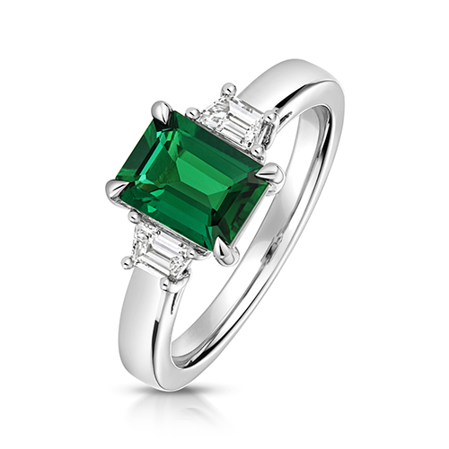 9k White Gold Lab Grown Trapezoid Cut Diamonds and Emerald Trilogy Set Ring - Image 1