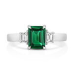 9k White Gold Lab Grown Trapezoid Cut Diamonds and Emerald Trilogy Set Ring - Image 3