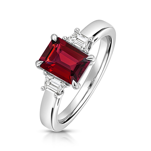 9k White Gold Lab Grown Trapezoid Cut Diamond and Ruby Trilogy Set Ring - Image 1