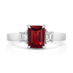9k White Gold Lab Grown Trapezoid Cut Diamond and Ruby Trilogy Set Ring - Image 3