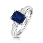 9k White Gold Lab Grown Trapezoid Cut Diamond and Sapphire Trilogy Set Ring