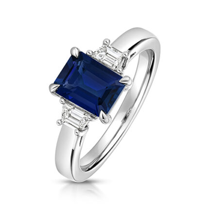 9k White Gold Lab Grown Trapezoid Cut Diamond and Sapphire Trilogy Set Ring