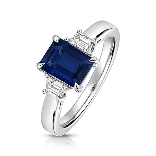 9k White Gold Lab Grown Trapezoid Cut Diamond and Sapphire Trilogy Set Ring - Image 1