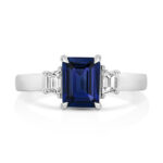 9k White Gold Lab Grown Trapezoid Cut Diamond and Sapphire Trilogy Set Ring - Image 3