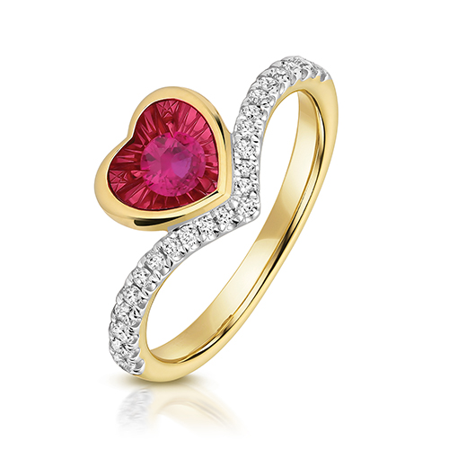 9k Yellow Gold Lab Grown Diamond and Heart Ruby Wishbone Eternity Ring - Image 1
