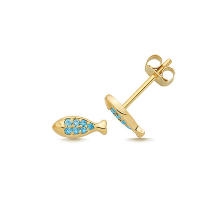 9k Yellow Gold Turquoise Cz Fish Stud Earrings - 7.5x3 mm