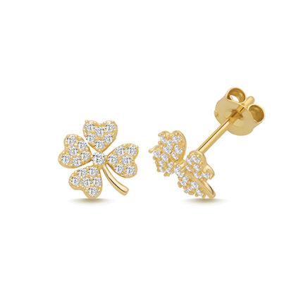 9k Yellow Gold Cz 4 Leaf Clover Stud Earrings - 8x7.5 mm