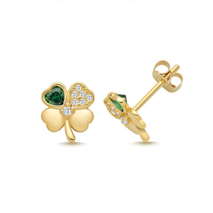 9k Yellow Gold 4 Leaf Clover Cz Stud Earrings - 8.2x7.3 mm