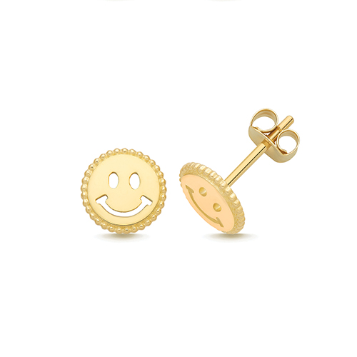 9k Yellow Gold Smiley Face Stud Earrings - 7x7 mm - Image 1
