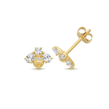 9k Yellow Gold Cz Honey Bees Stud Earrings - 5.6x7.6 mm