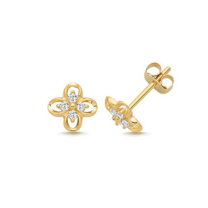 9k Yellow Gold Fancy Cz Flower Stud Earrings - 6.5x5.5 mm
