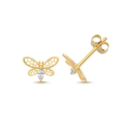 9k Yellow Gold Cz Filigree Butterfly Stud Earrings - 5.7x8.2 mm