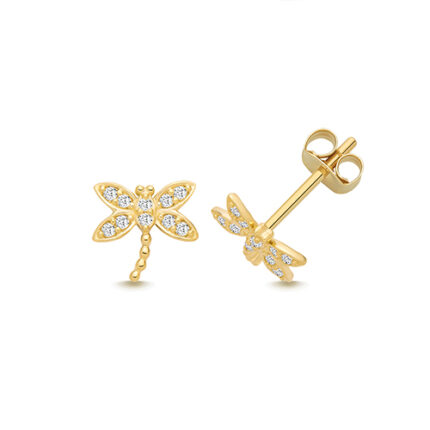 9k Yellow Gold Cz Dragonfly Stud Earrings - 6.7x7.1 mm