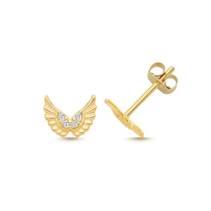 9k Yellow Gold Cz Angel Wings Stud Earrings - 5.8x7.2 mm