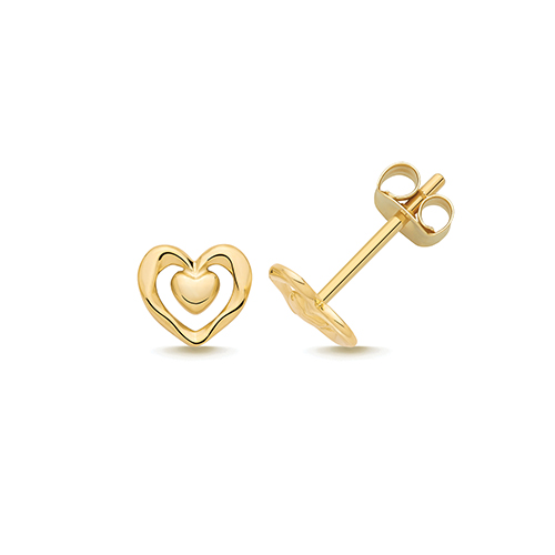 9k Yellow Gold Double Heart Stud Earrings - 5.3x6 mm - Image 1