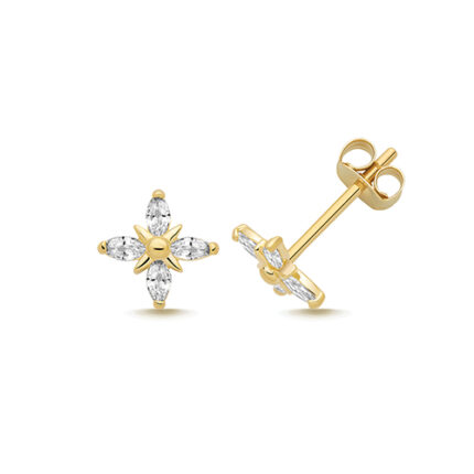 9k Yellow Gold 4 Marquise Cut Flower Stud Earrings - 5.6x5.5 mm