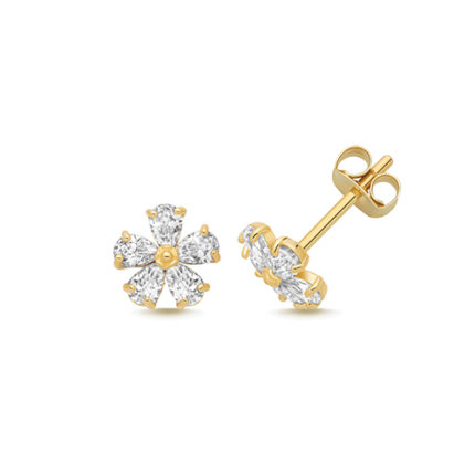 9k Yellow Gold Pear Cut Cz Flower Stud Earrings - 6.3x6.5 mm
