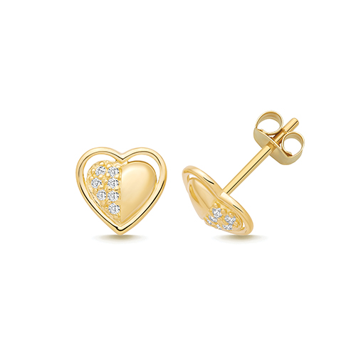 9k Yellow Gold Double Cz Heart Stud Earrings - 7.1x7.4 mm - Image 1